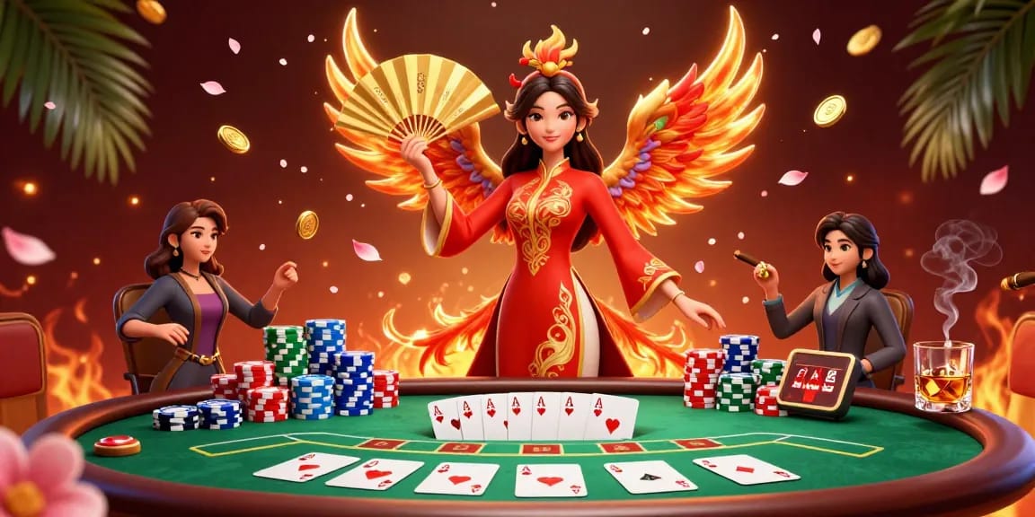 Celebrate winnings at RR88 with a vibrant scene showcasing poker adventures amidst golden coins and cherry blossoms.