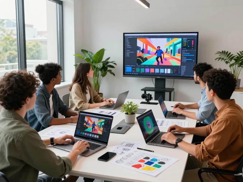 Dynamic team collaborating on ai seedance 2.0 video projects in a modern workspace.