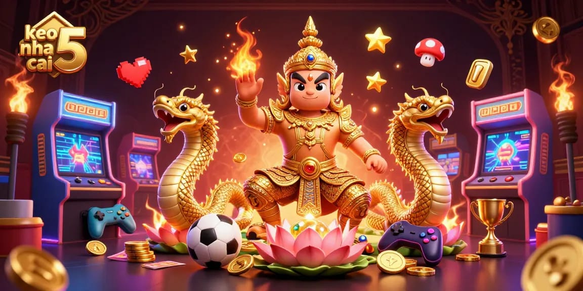 Engage with keo nha cai 5 through a vibrant sports betting scene featuring dynamic characters and gaming elements.