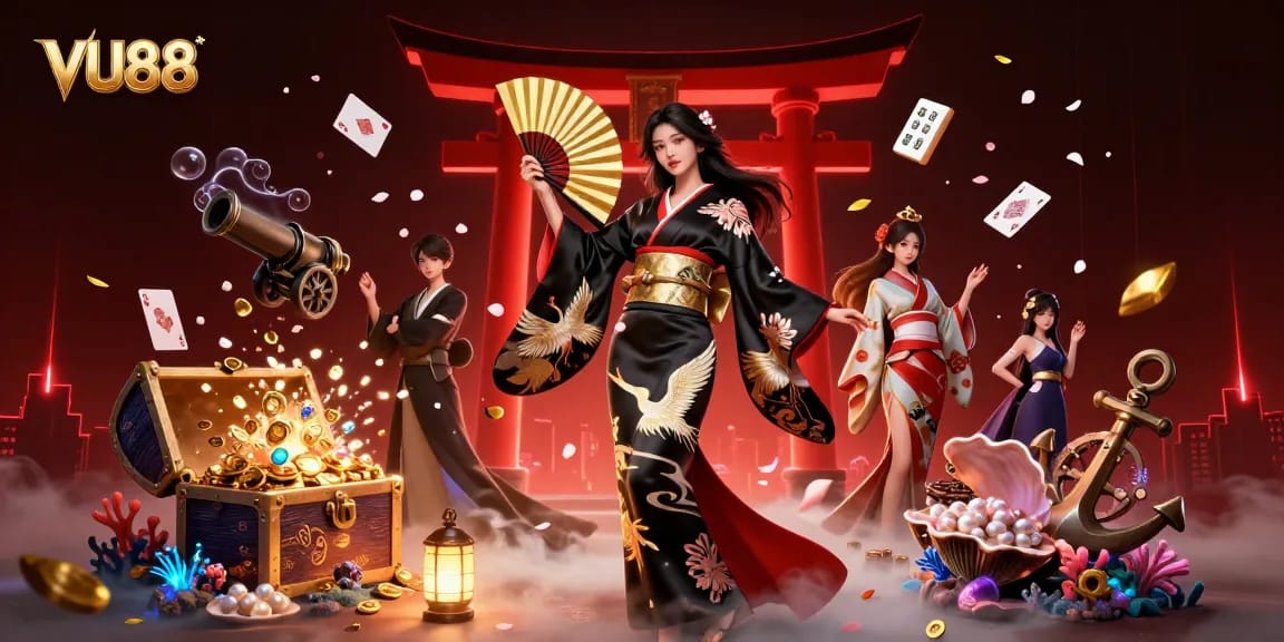 Win big at VU88 with an elegant Asian lady showcasing live casino excitement amidst falling cherry blossoms.