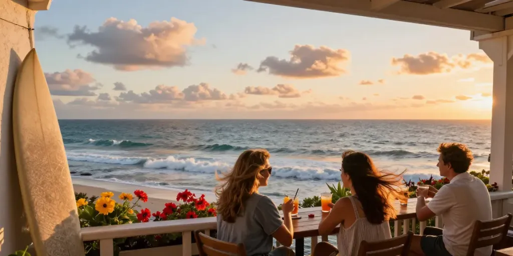 Inviting terrace at https://stargazyinn.co.uk with guests enjoying drinks overlooking the sea during sunset.