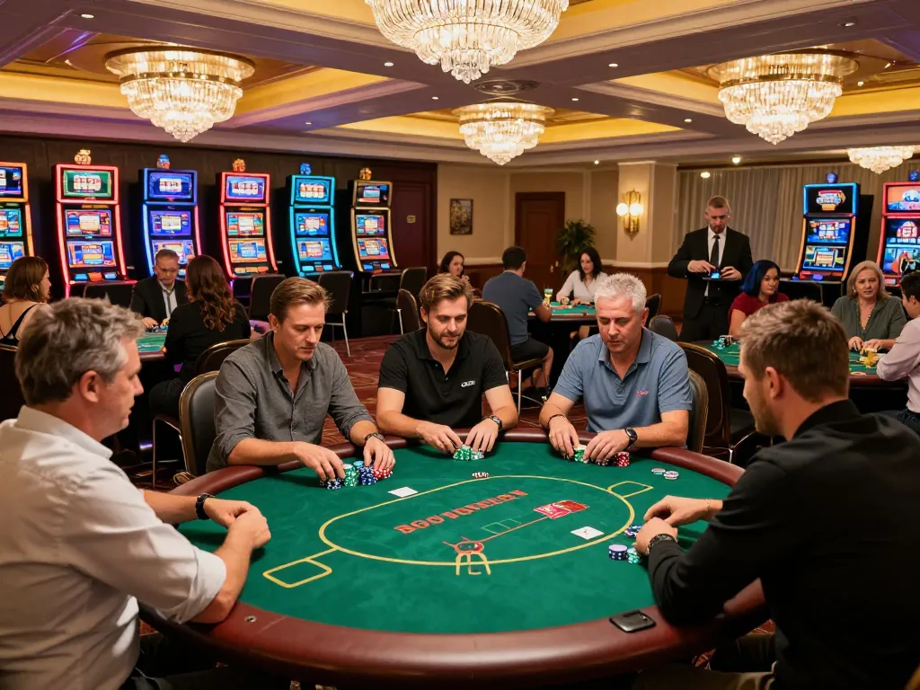 Players enjoying a thrilling game on the bustling casino floor at 888NEW, showcasing vibrant poker tables and slot machines.