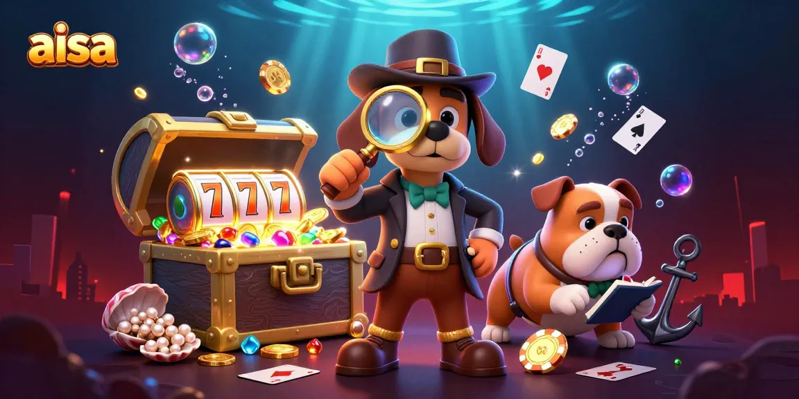 Engage with aisa as a 3D cartoon dog detective examines poker clues amid vibrant casino symbols.