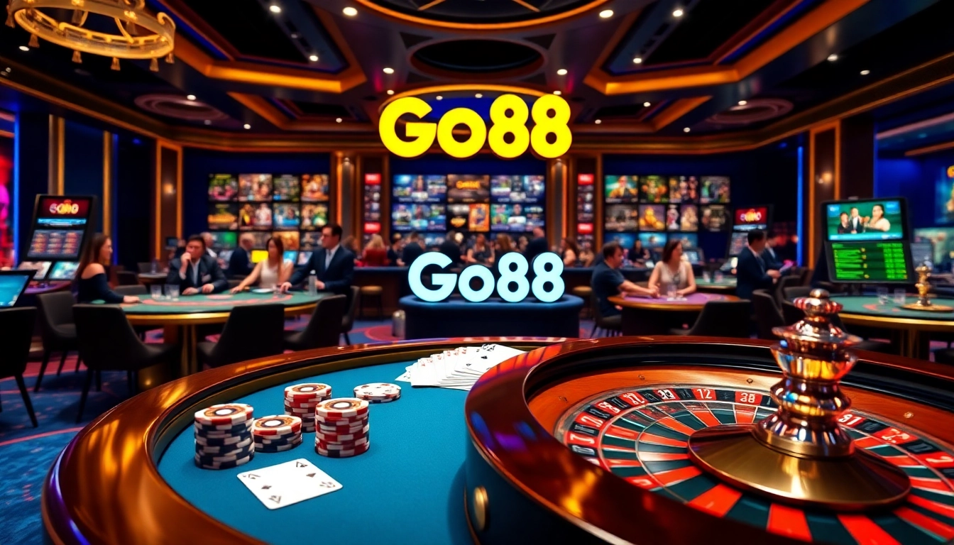 Experience thrilling online gambling with Go88's vibrant casino scene filled with poker chips and roulette.