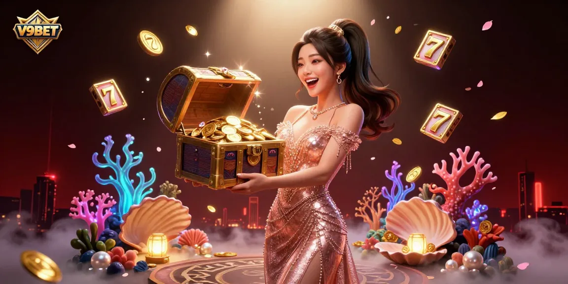 Experience thrilling wins at V9BET with a captivating 3D casino scene featuring treasure and slot elements.