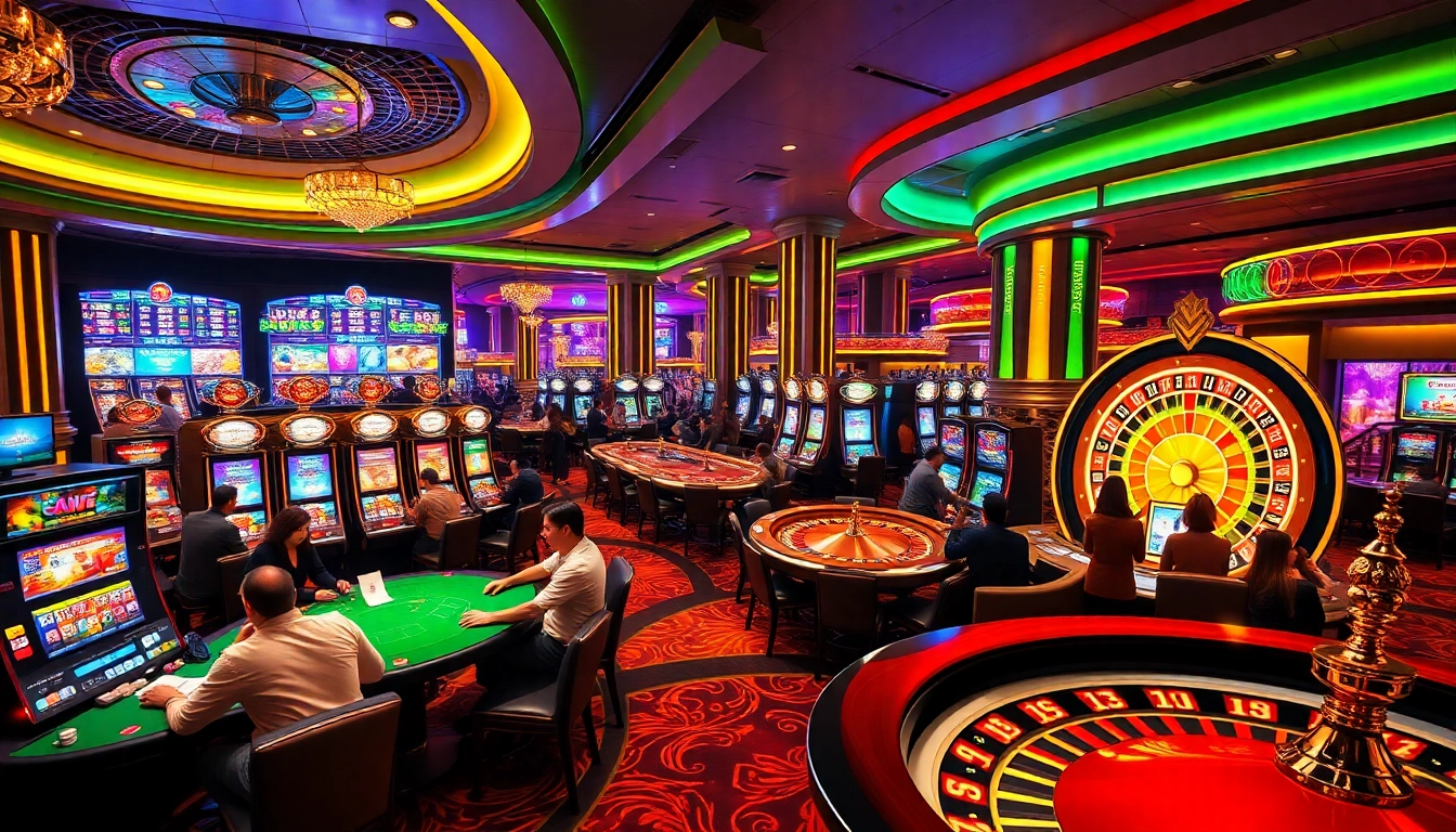 Active gamblers enjoying the luxurious casino experience at ee88 with vibrant gaming tables, slots, and roulette.