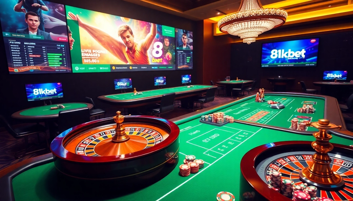 8kbet features a luxurious casino ambiance with vibrant tables and dynamic betting displays.