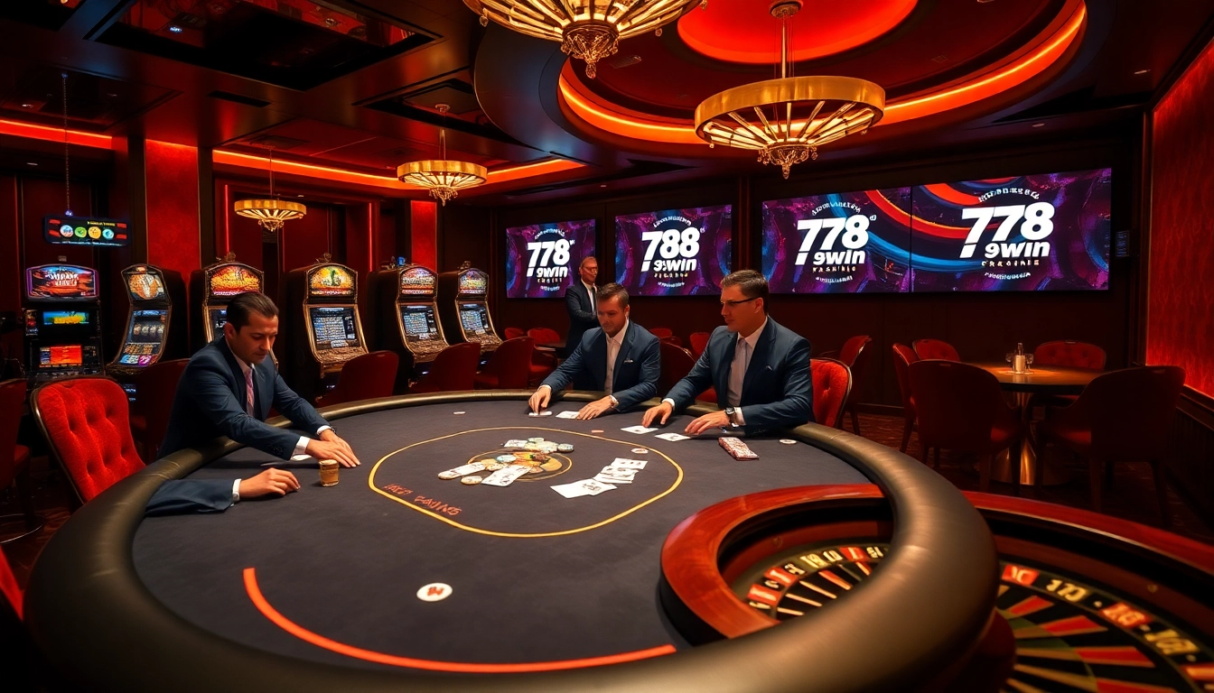 Gamblers celebrate a win at the 78win 78k casino with vibrant poker chips and slot machines.