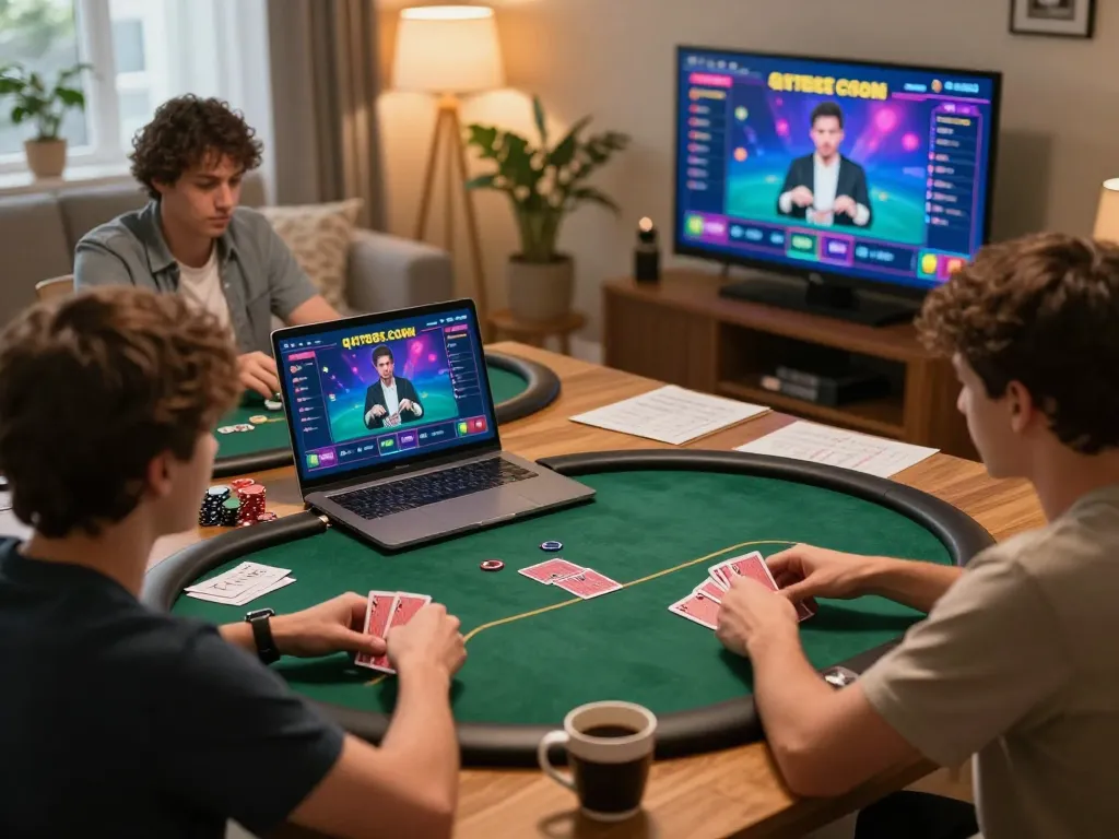 Engage in poker action online at https://qtr88.com/ with players focused around screens and strategic notes.