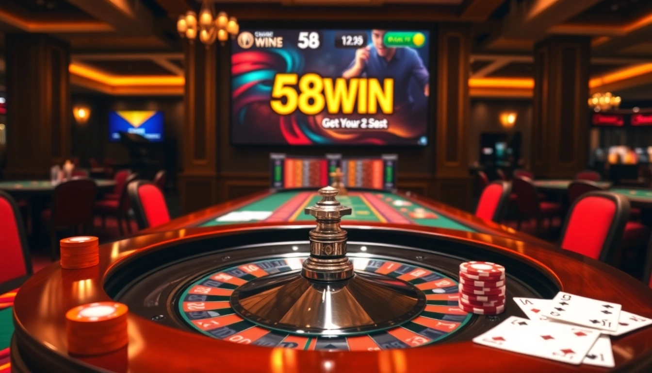 Play exciting casino games at https://win58win.com/ with vibrant poker chips and roulette.