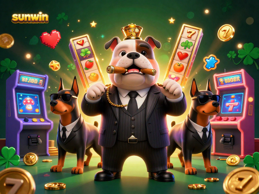 Experience thrilling slot action at sunwin with a mafia boss bulldog amidst jackpot reels and vibrant game elements.