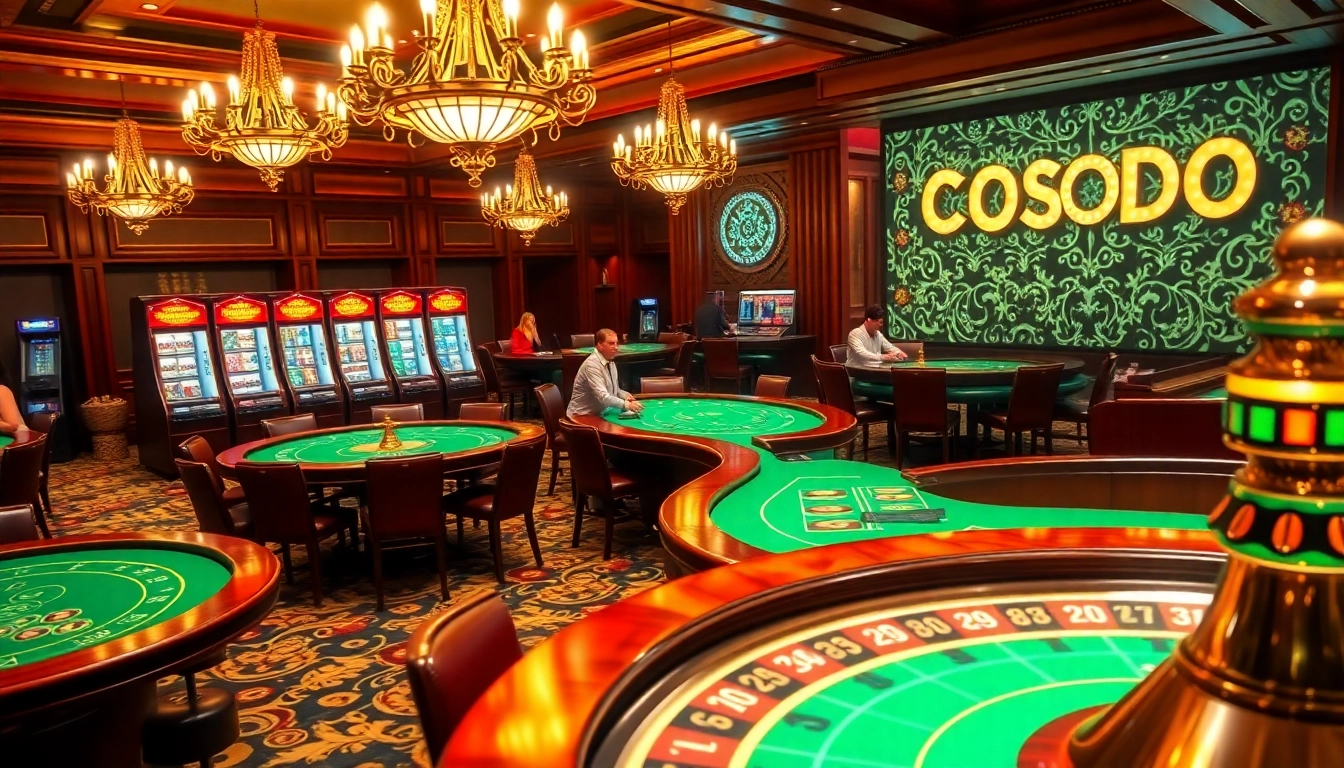 SODO CASINO showcases vibrant casino action with players at tables, slot machines, and a roulette wheel.
