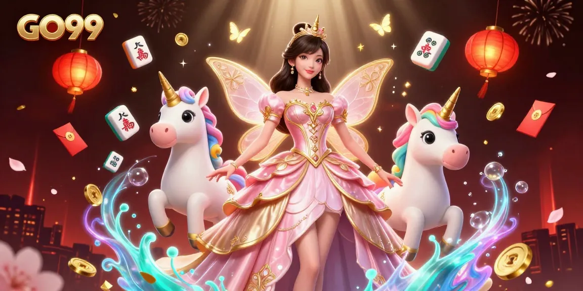 Engage with GO99’s vibrant casino world, featuring a glamorous woman and magical elements.