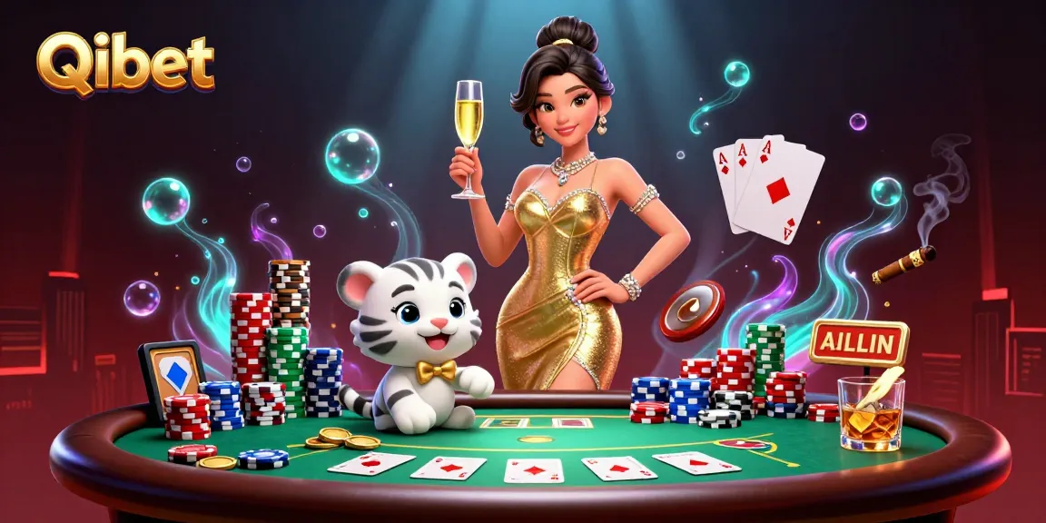 Experience Qibet's exciting casino atmosphere with a glamorous woman and lucky tiger amid vibrant poker play.