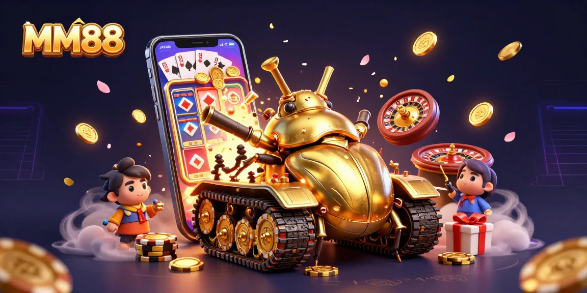 Engage in the excitement of MM88 with a vibrant 3D cartoon casino world featuring a golden beetle tank, slot game, and casino elements.