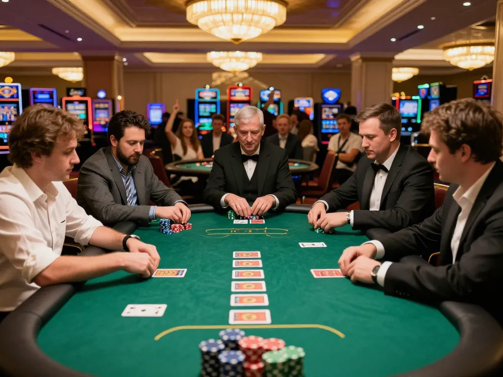 Players strategizing in a high-stakes poker game at 888top casino venue.