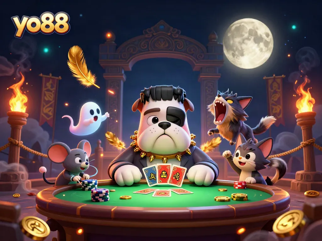 Join the fun at yo88 Casino with a 3D cartoon Frankenstein bulldog dealing cards and a ghost mouse!