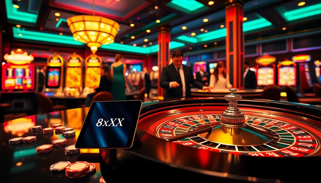 Betting excitement at link 8XX with casino tables and poker chips.
