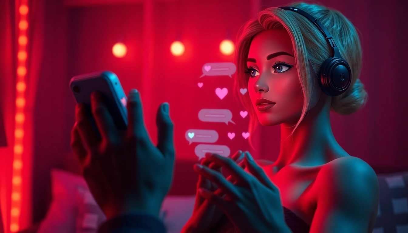 Engaging NSFW AI interaction featuring a digital chat scene with a stylish AI character and warm lighting.