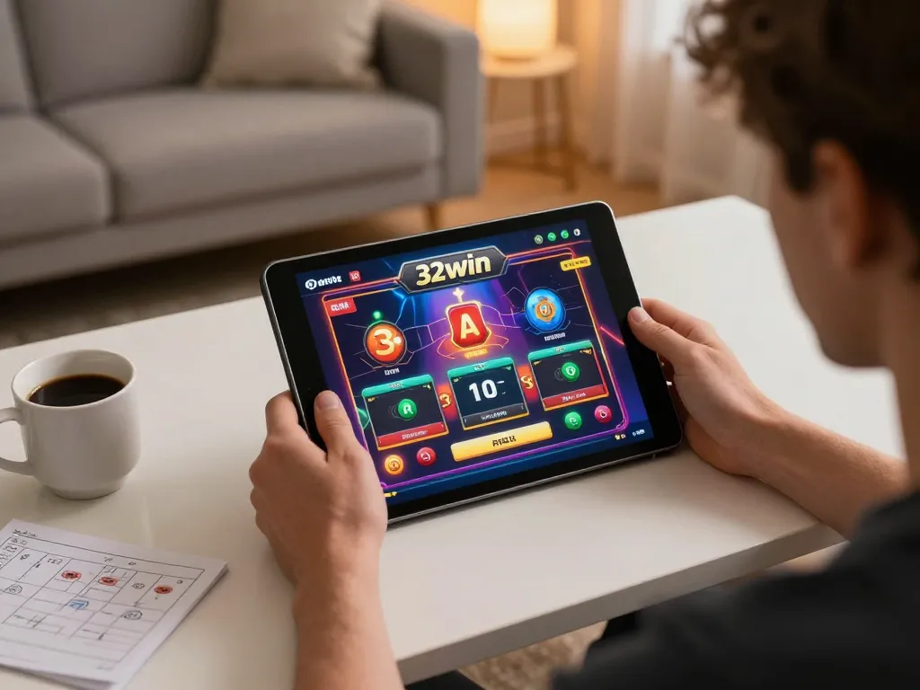 Player engaging with 32win betting app on tablet during a cozy home gaming session.