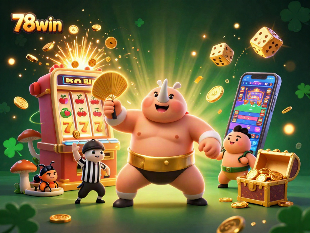 Engage with 78win as a vibrant 3D casino scene featuring lucky symbols and a dynamic beetle champion.