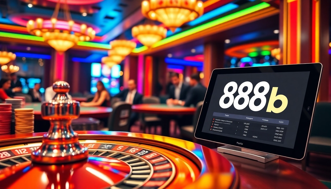Players engage in high-stakes poker at a vibrant casino table promoting 888b's exciting gambling experience.