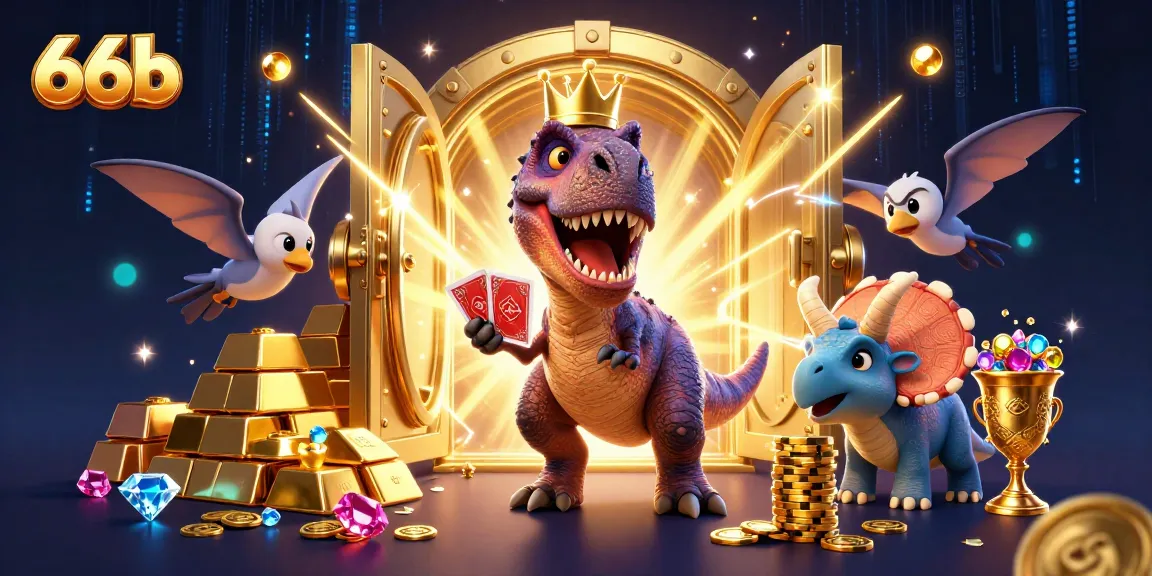 Engage in thrilling card games at 66b while colorful dinosaurs stack gold chips and gems.