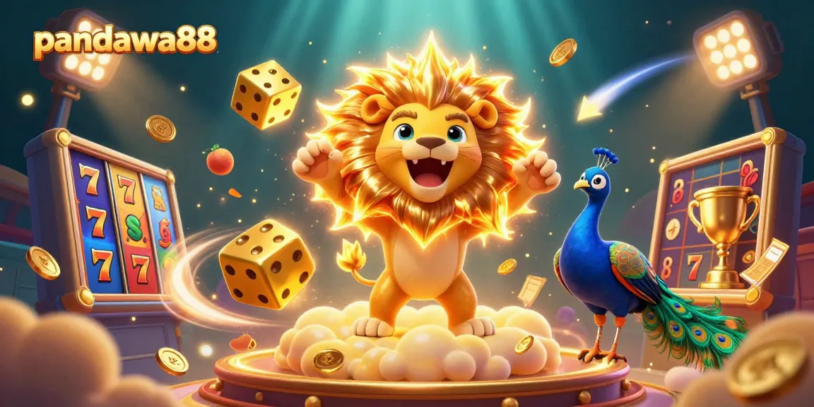 Pandawa88 offers thrilling slot games with a vibrant, engaging scene including a lion and golden dice.