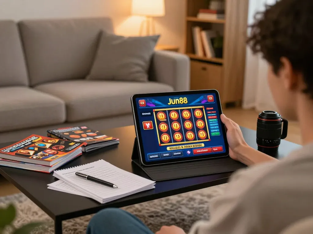 Player engaging with jun88 online casino on tablet in cozy home setting, highlighting responsible gaming.