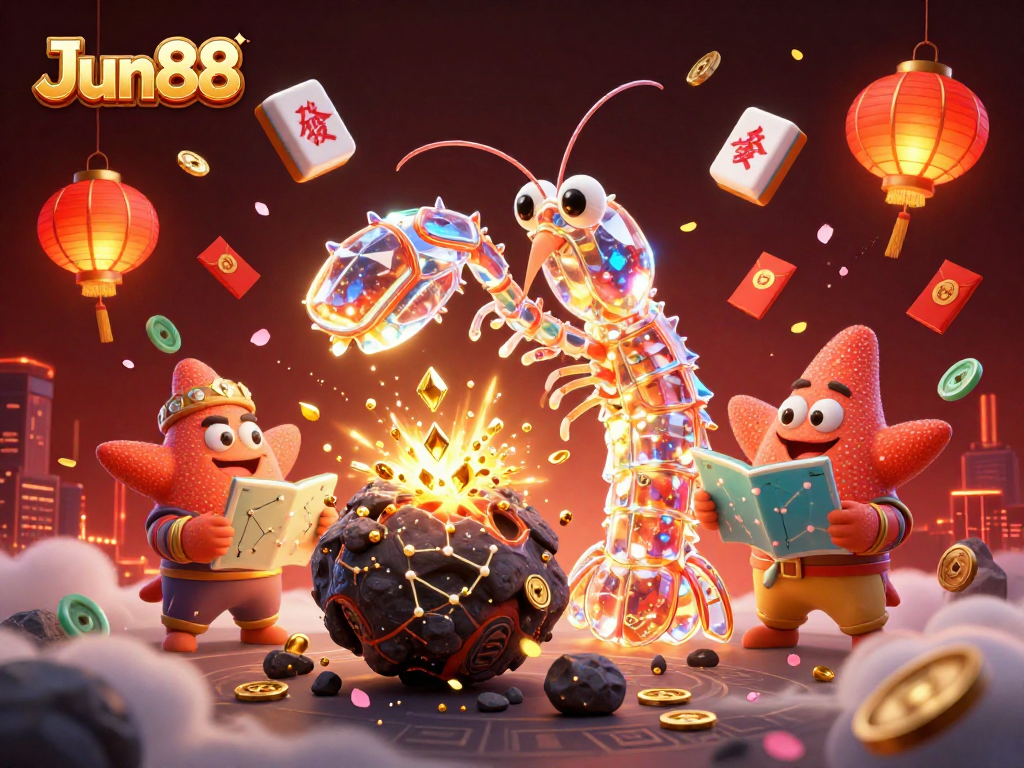 Experience thrilling gameplay at Jun88, featuring a galactic mantis shrimp amidst colorful casino elements.