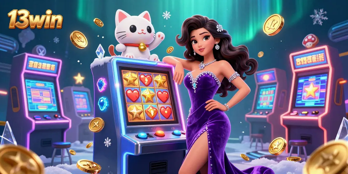 Engage with 13win's thrilling jackpot excitement, featuring a glamorous character and animated fortune cat amidst colorful casino elements.