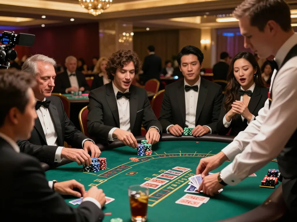 Players engaged in intense gameplay at hitclub blackjack table in a lively casino atmosphere