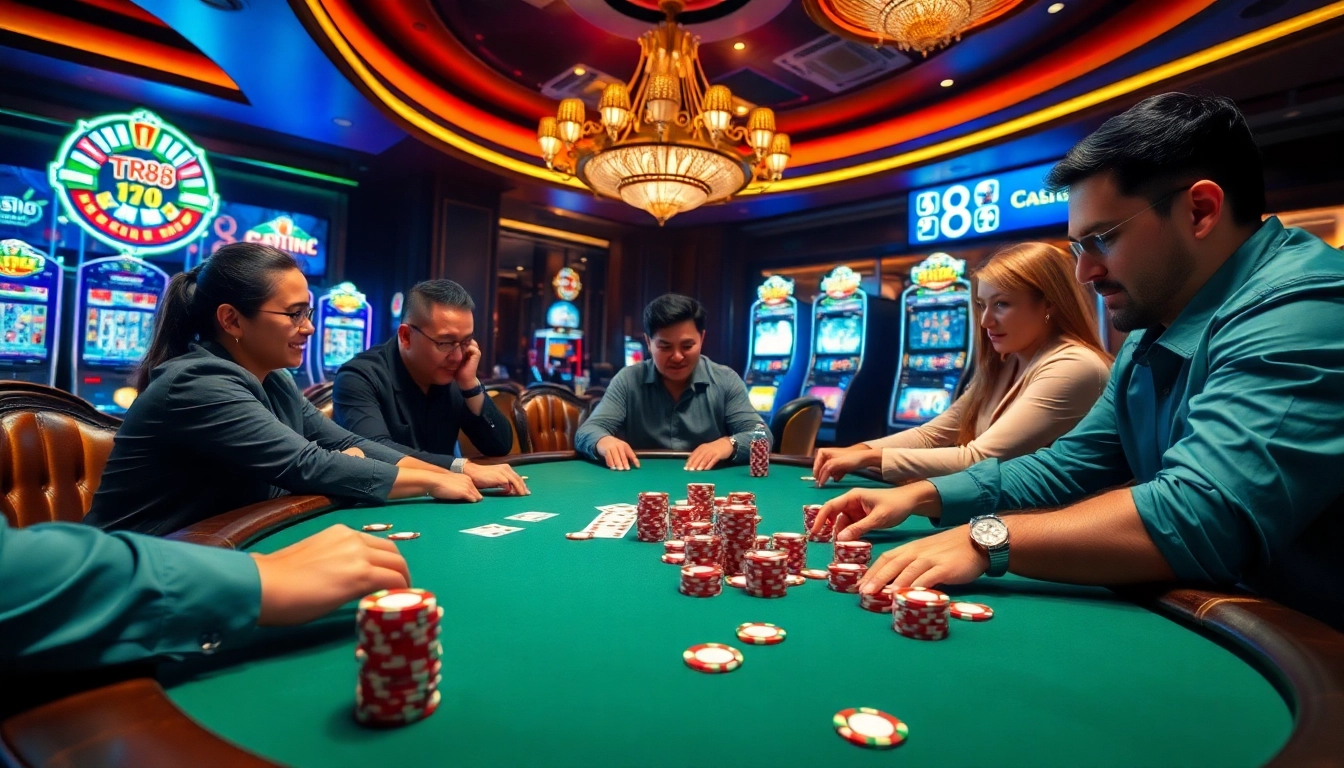 Experience the excitement of TR88 at a luxurious poker table with players and vibrant gambling elements.