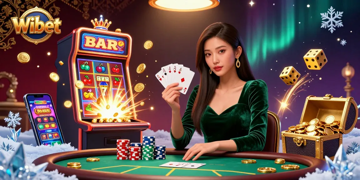 Wibet brings the excitement of strategy poker with a stunning Asian woman, chips, and jackpot symbols surrounding her.