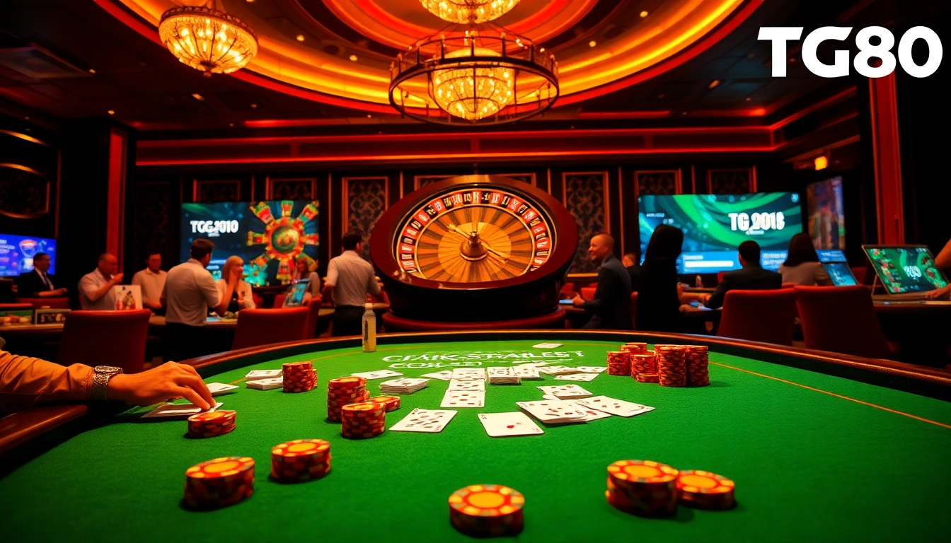 Experience the thrill of TG88 in a luxurious casino scene with vibrant poker games and digital betting.