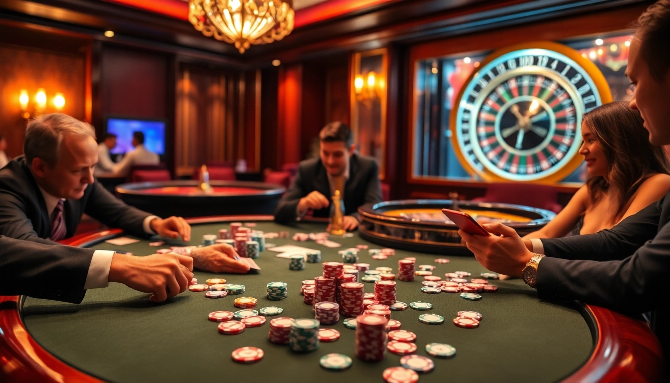 Engaged players enjoying a thrilling game at 789club casino, showcasing vibrant poker action.