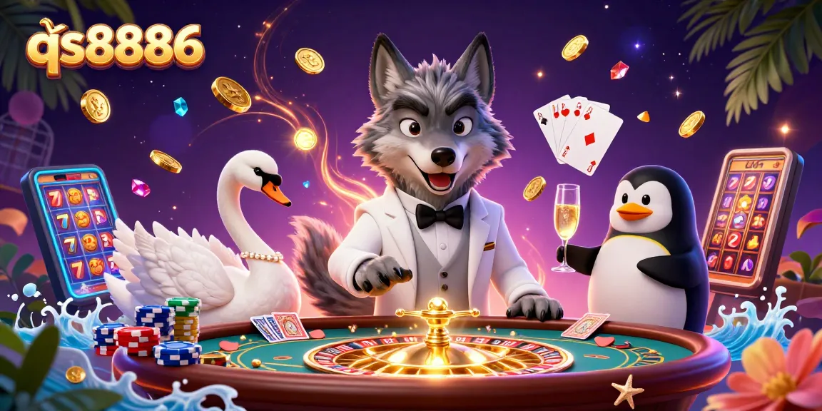Experience thrilling gameplay with qs8886, featuring a debonair wolf and an elegant swan in a dynamic casino illustration.