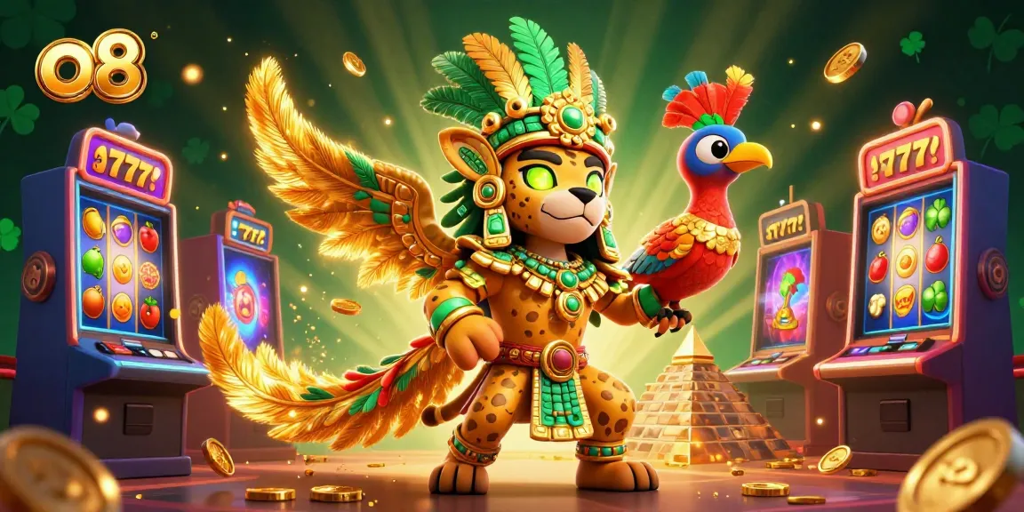 Spin the reels with excitement at o8's vibrant casino scene featuring a Mayan jaguar priest.