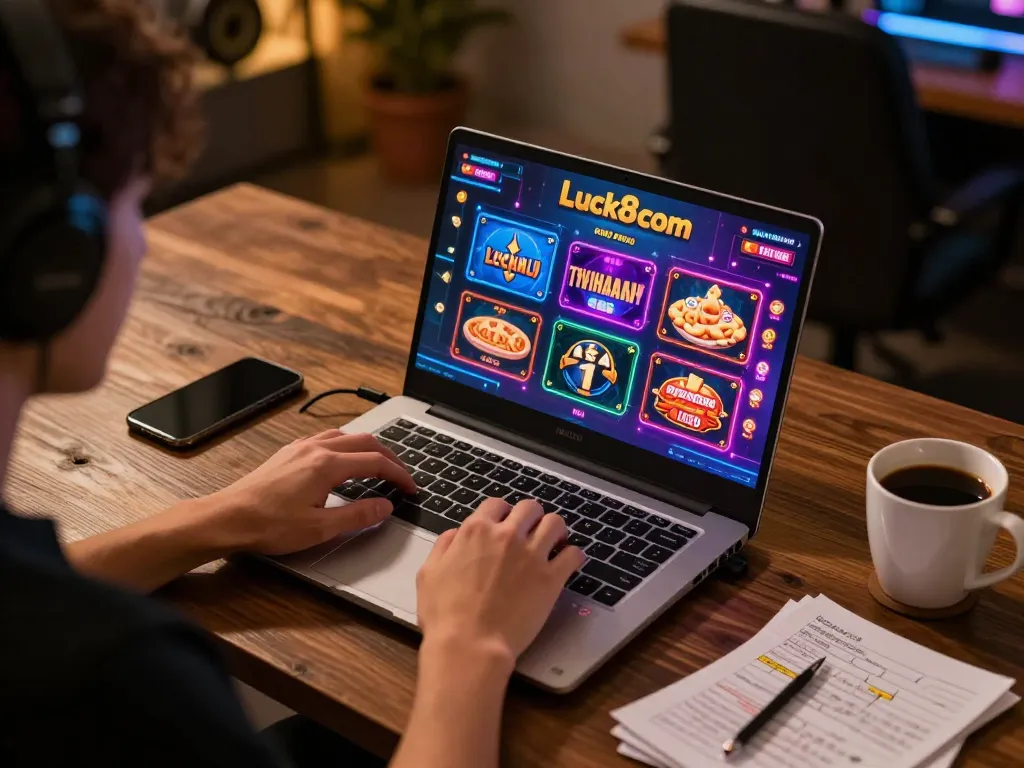 Engaging online gaming experience on Luck8com with vibrant casino graphics and cozy setup.