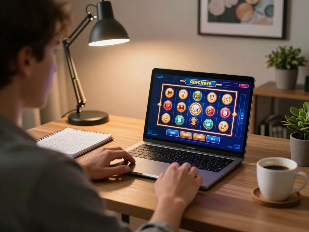 Engaging in FC88 online slots, showcasing strategic gameplay and cozy home setup.