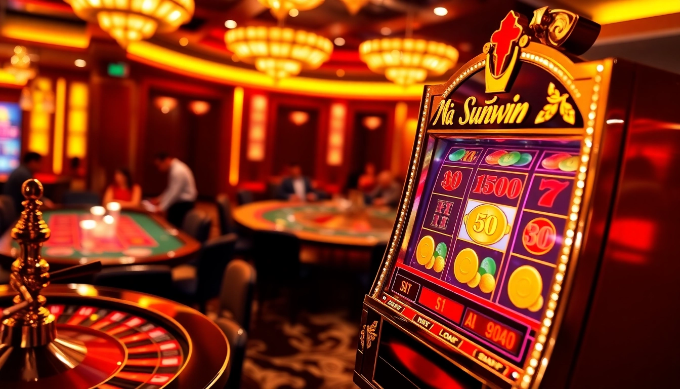 Nổ hũ Sunwin slot machine in a luxurious casino setting with vibrant colors and excited gamblers.