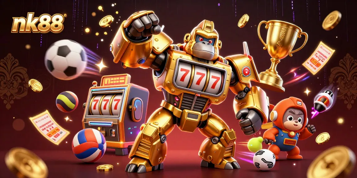 Win big at nk88 with dynamic 3D illustration featuring a golden gorilla mech surrounded by sports and gaming elements.