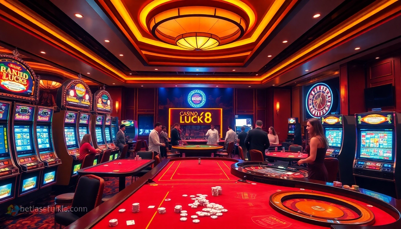 Exciting gaming action at CASINO LUCK8 with players enjoying slot machines and poker tables.