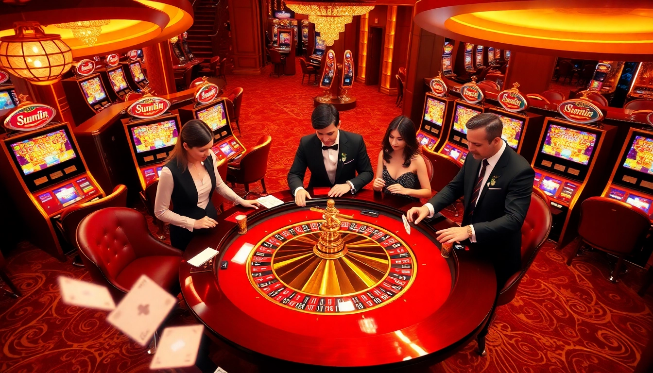 The sunwin casino table scene showcases excited gamblers playing roulette amidst luxurious decor.