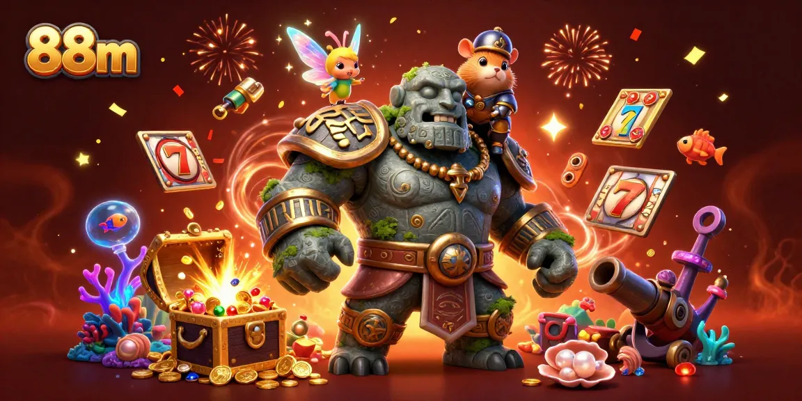 Experience the excitement at 88m with a vibrant 3D illustration featuring a golem, fairy, and hamster knight surrounded by winning symbols.