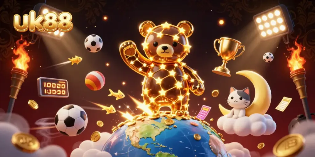 Experience exciting wins at uk88 with a constellation bear scooping gold coins in a vibrant casino setting.