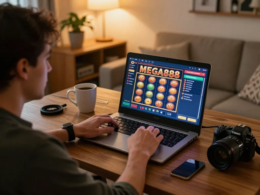 Player immersed in MEGA888 online slot games at a cozy home setup, laptop and coffee nearby.