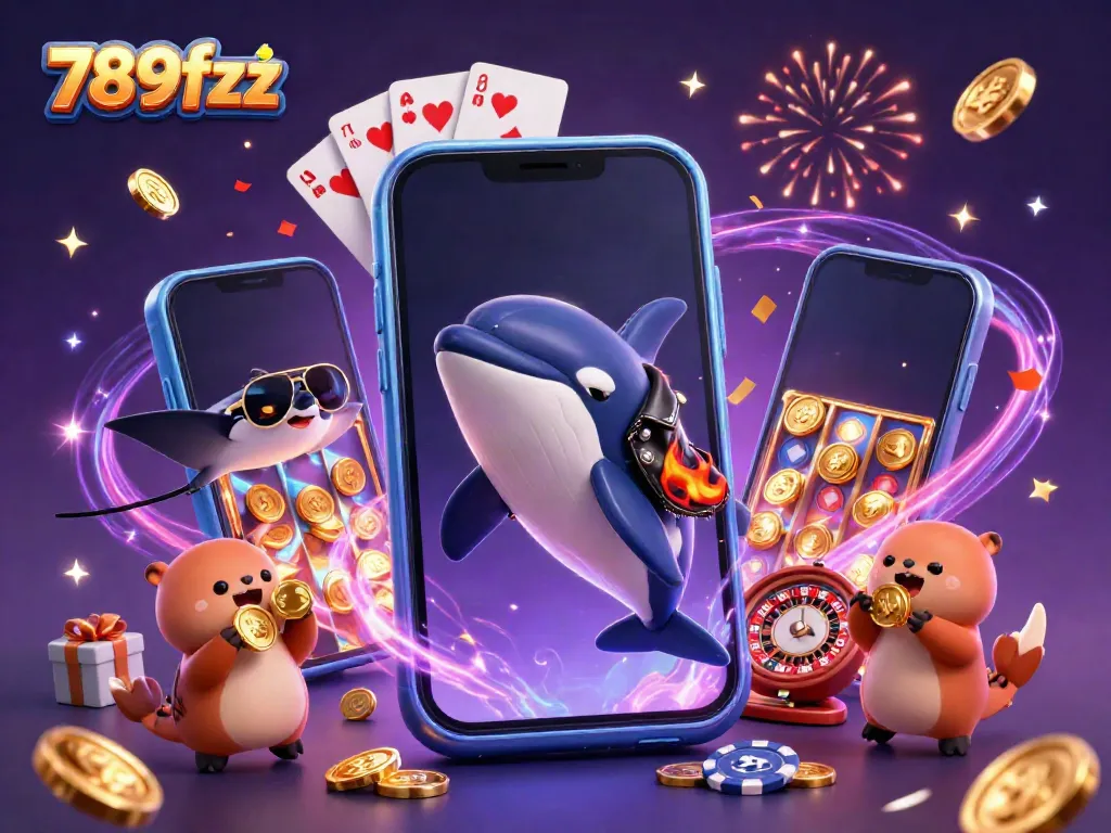 Experience gaming fun with 789fzx as a biker whale, stingray, and otters celebrate with coins and colorful slot elements.