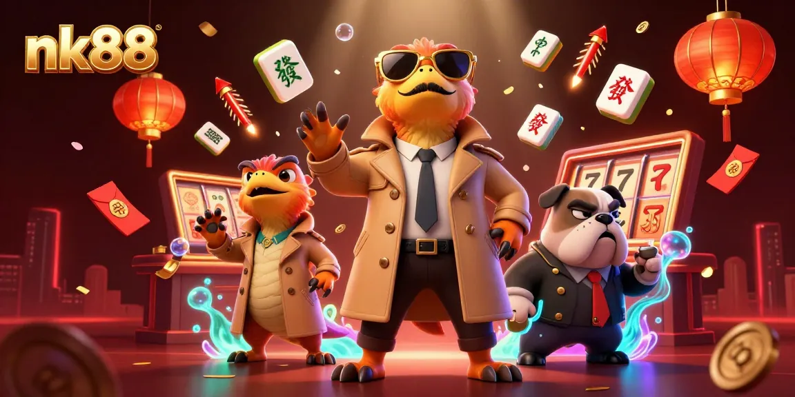Experience nk88 with a humorous scene of raptors in a trench coat entering a VIP lounge for an exciting gaming adventure.
