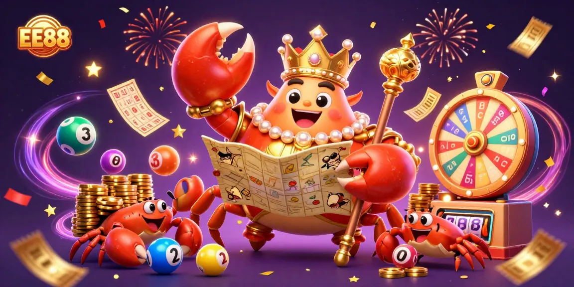 Experience the excitement of EE88 casino with vibrant lottery elements and a regal crab theme.